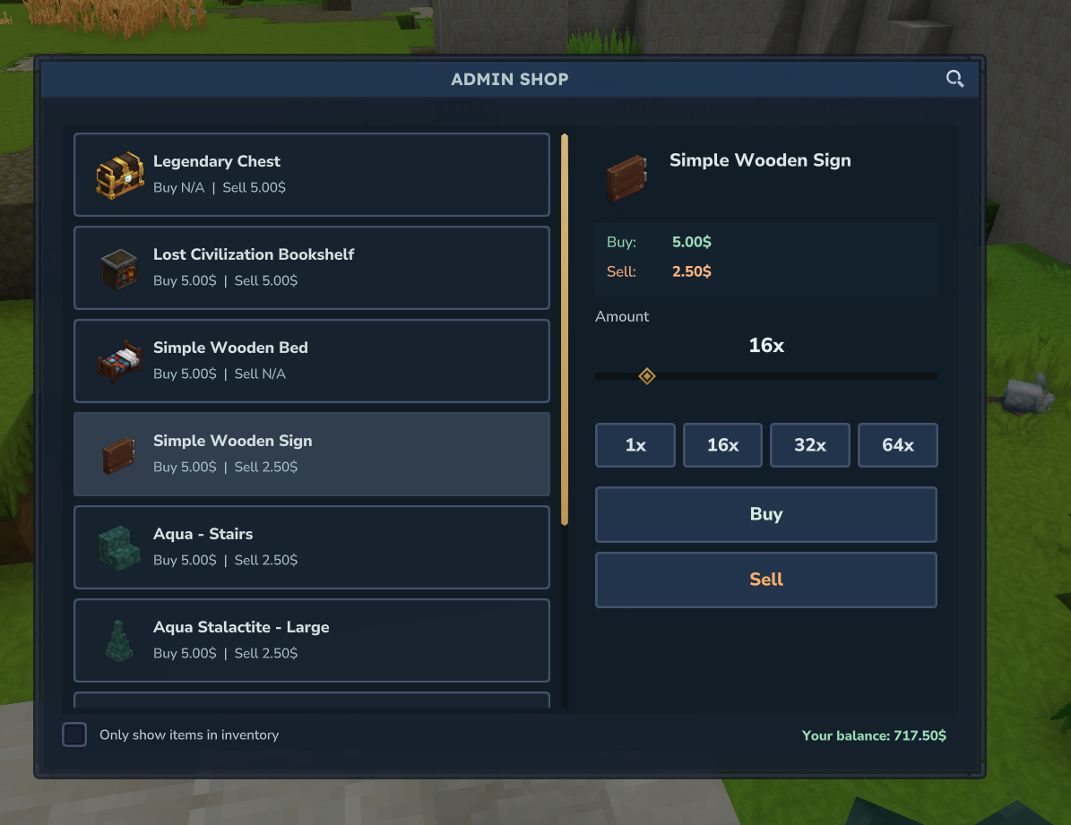 AdminShop GUI showing the AdminShop