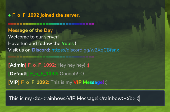 Chat format example showing rank-based prefixes and colored names
