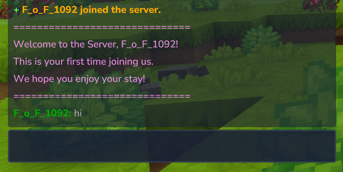 First join welcome screen with custom formatted title and chat messages