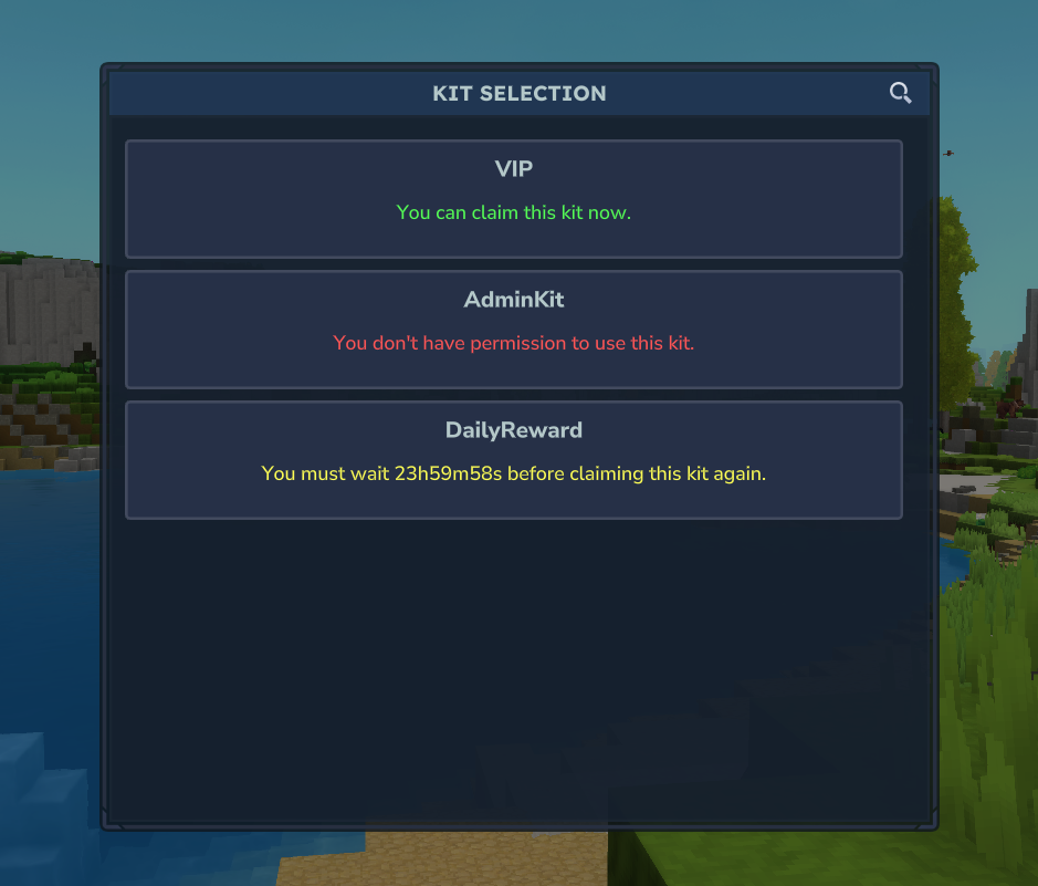 Kit creation system with GUI interface for managing player kits