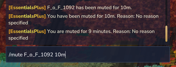 Mute command execution showing player being muted with duration and reason