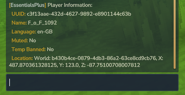 Whois command output displaying player information and statistics